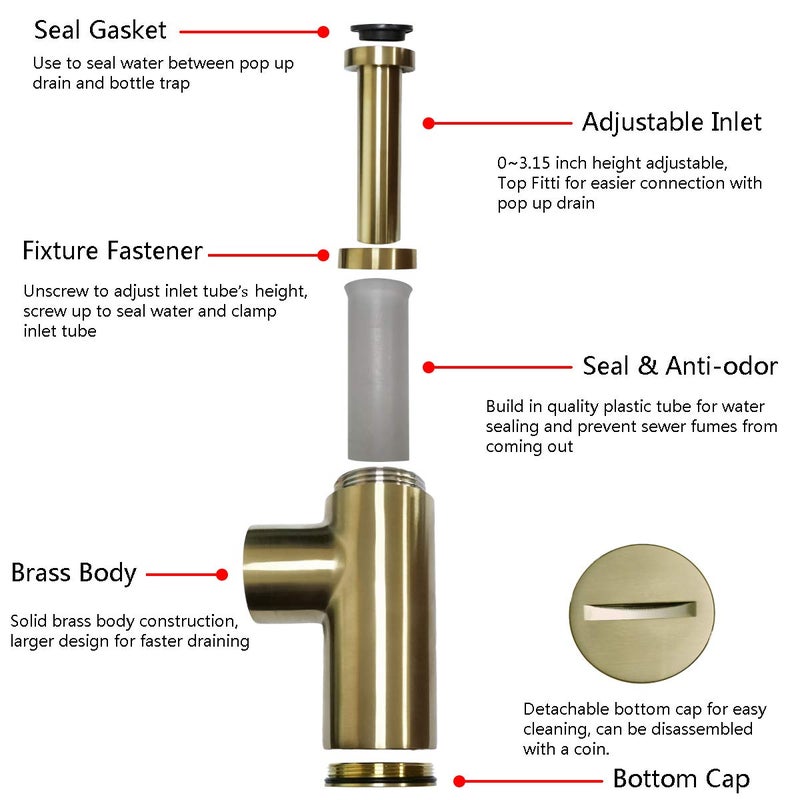 TRUSTMI Bottle Trap, Brass Decorative 1 1/4 Bathroom Sink P Trap, Large Body Round Lavatory Waste Drain Kit, Brushed Gold - Image 3